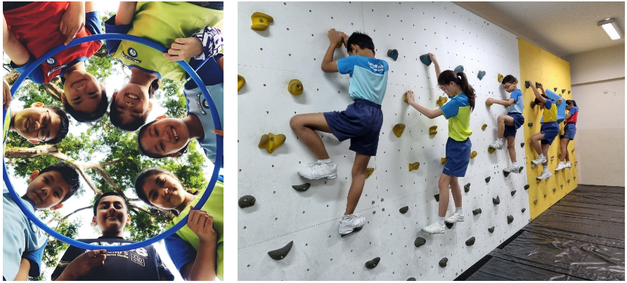 Children smiling in a circle outdoors, and students in uniforms climbing an indoor rock wall with holds.